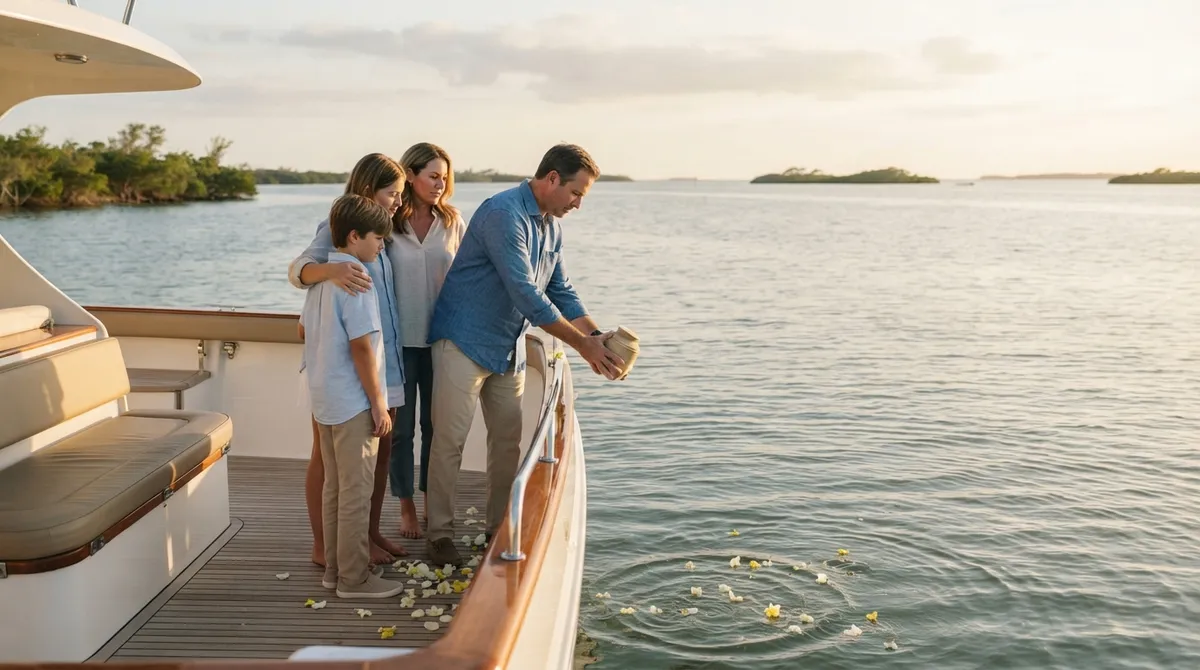 Family ash scattering ceremony private boat